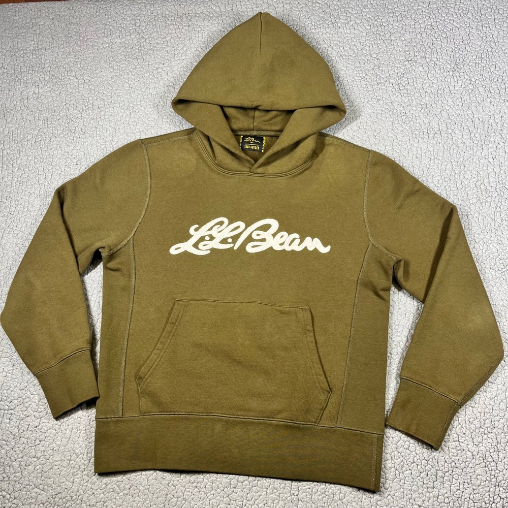 LL Bean Todd Snyder Hoodie Mens Olive Green Script Logo Cotton Sweatshirt M